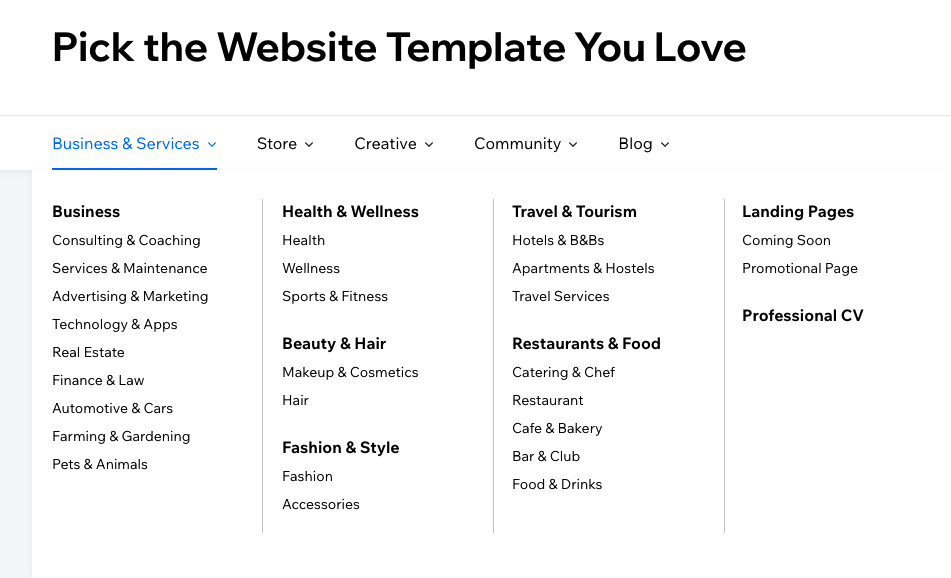 screenshot of wix templates for business 