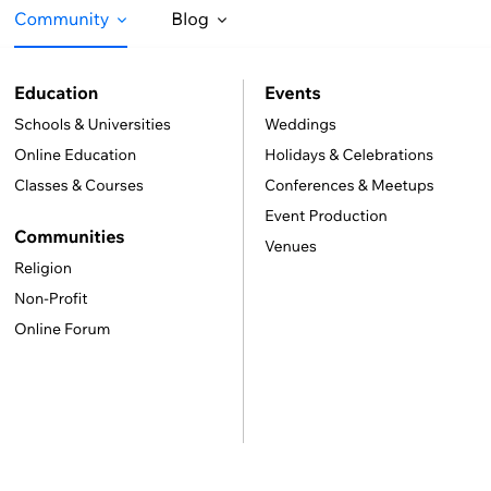 screenshot of wix templates for community